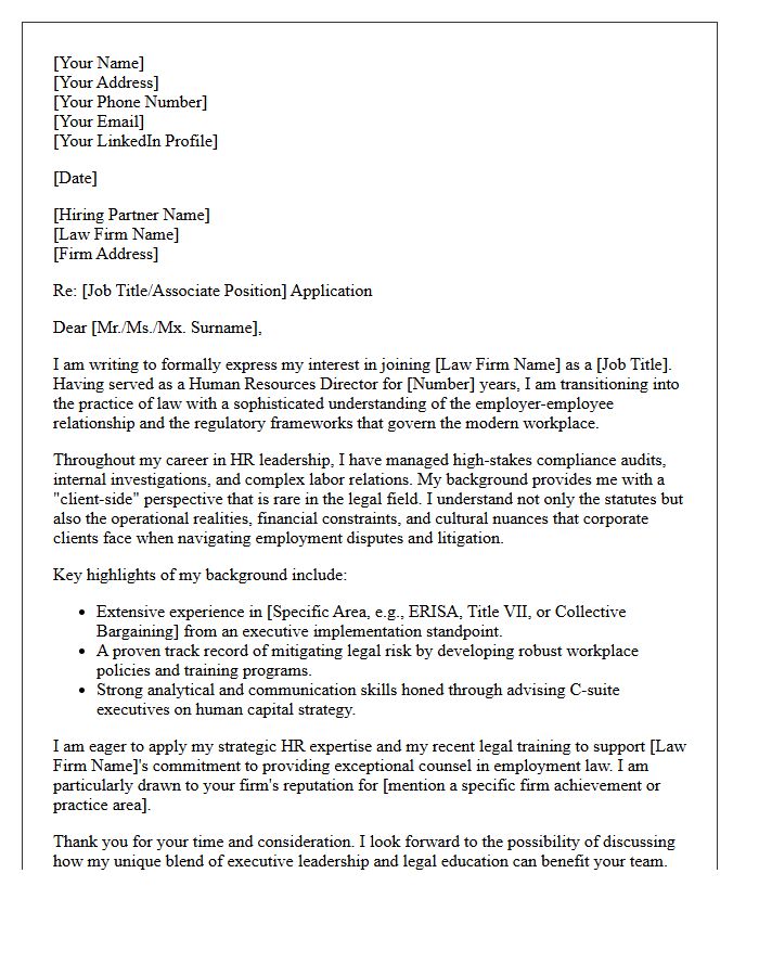 Human Resources Director to Employment Law Firm Career Changer Cover Letter