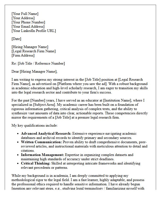 Academic Educator to Legal Research Firm Career Changer Cover Letter