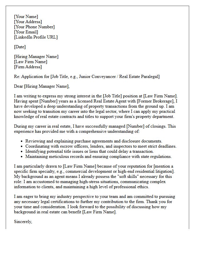 Real Estate Agent to Property Law Firm Career Changer Cover Letter