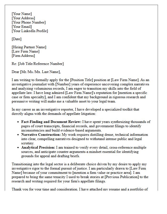 Investigative Journalist to Appellate Law Firm Career Changer Cover Letter