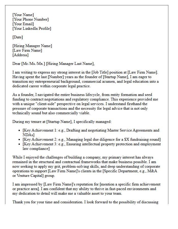 Startup Founder to Corporate Legal Practice Career Changer Cover Letter