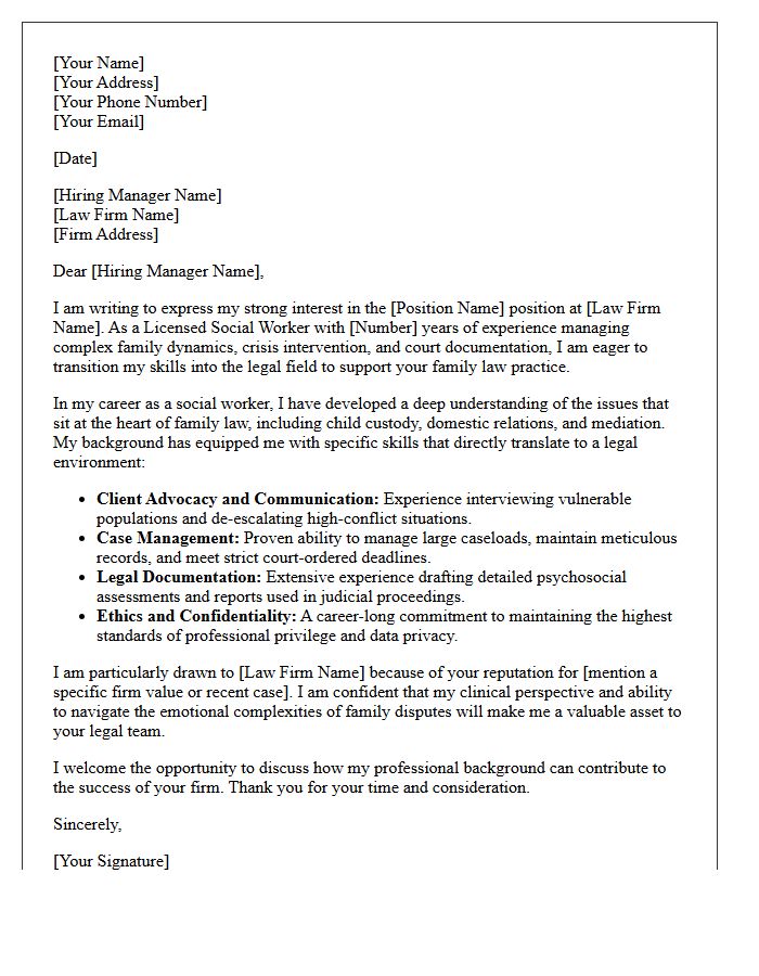Licensed Social Worker to Family Law Firm Career Changer Cover Letter