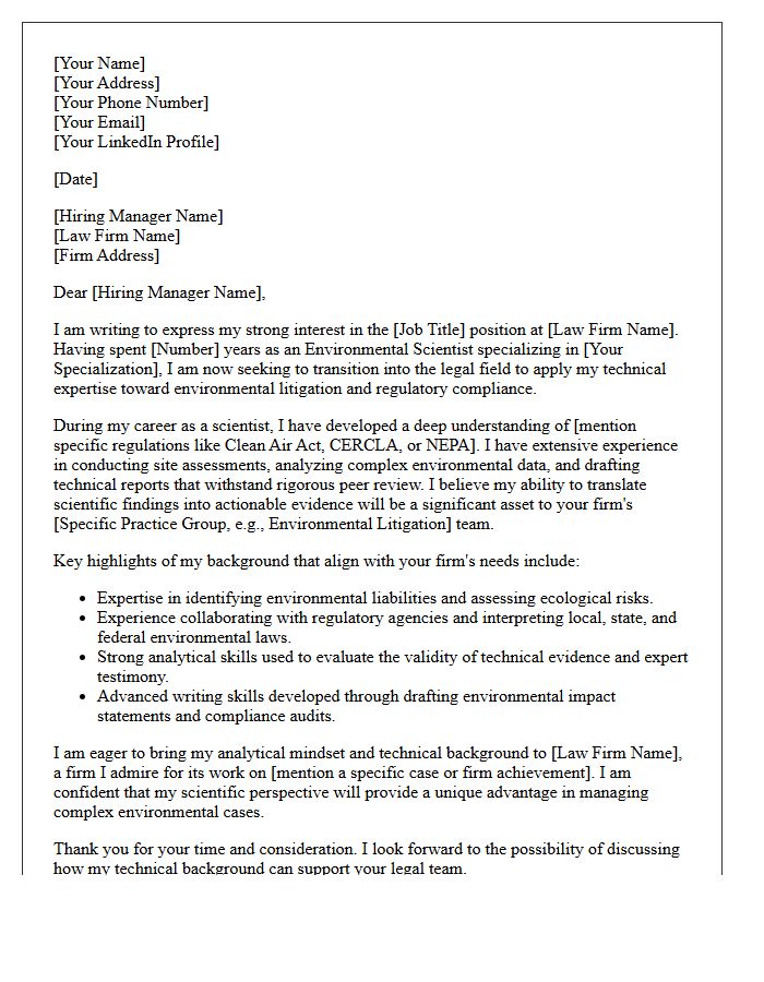 Environmental Scientist to Environmental Law Firm Career Changer Cover Letter