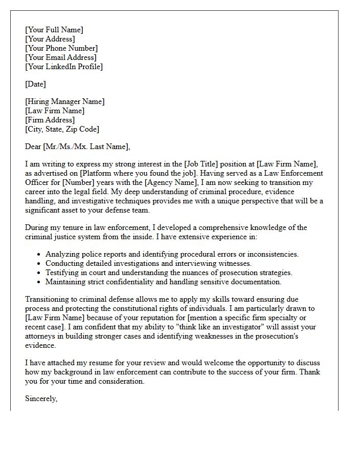 Law Enforcement Officer to Criminal Defense Law Firm Career Changer Cover Letter