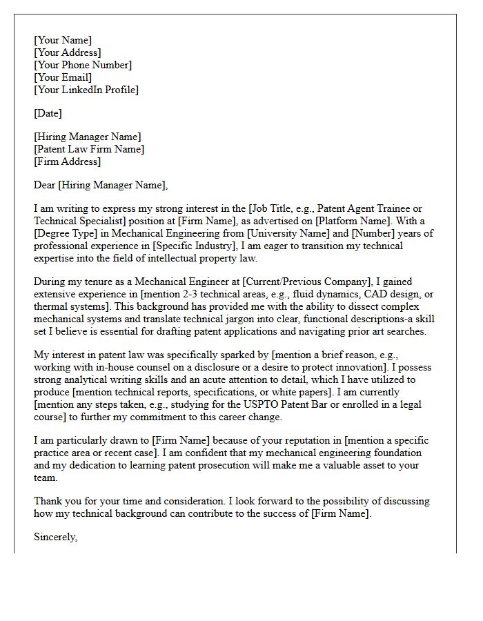 Mechanical Engineer to Patent Law Firm Career Changer Cover Letter