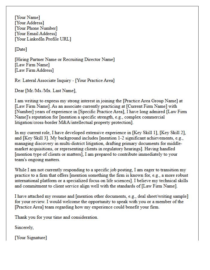 Experienced Lateral Associate Cold Inquiry Cover Letter