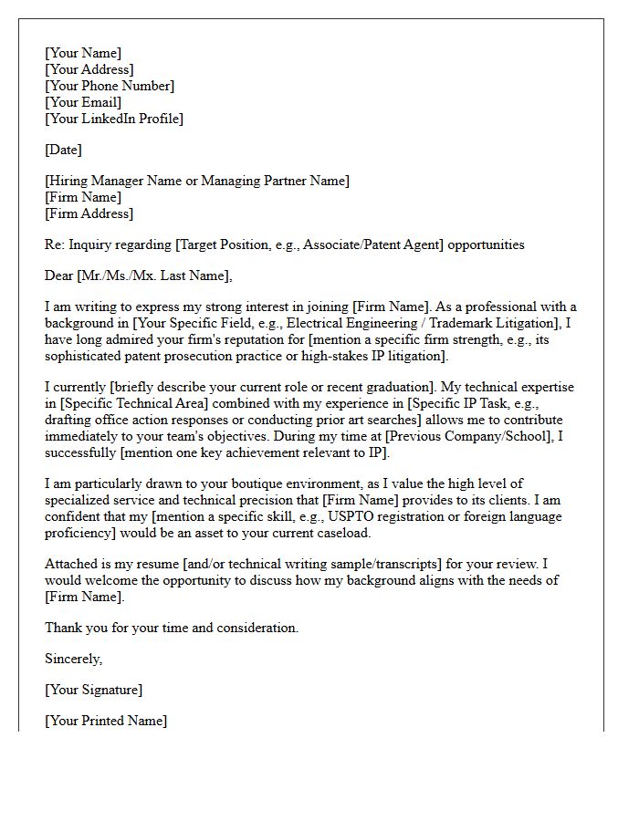 Intellectual Property Boutique Cold Inquiry Cover Letter
