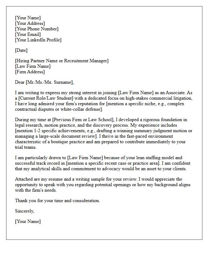 Commercial Litigation Boutique Cold Inquiry Cover Letter