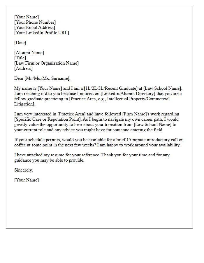 Law School Alumni Connection Cold Inquiry Cover Letter