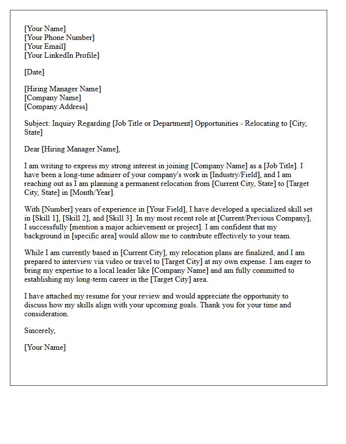 Out Of State Relocation Cold Inquiry Cover Letter