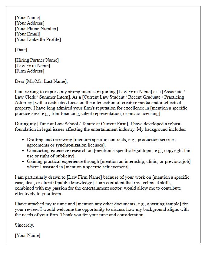 Entertainment Law Boutique Cold Inquiry Cover Letter