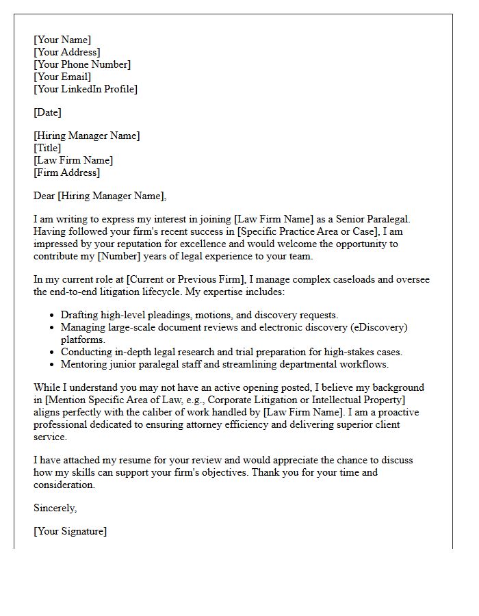 Senior Paralegal Cold Inquiry Cover Letter