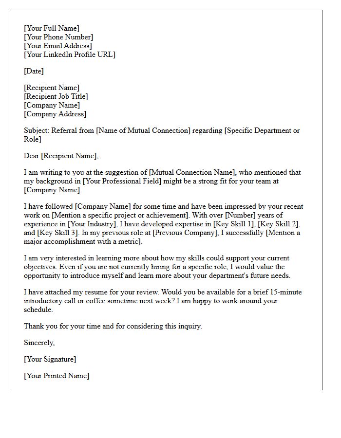 Professional Referral Cold Inquiry Cover Letter