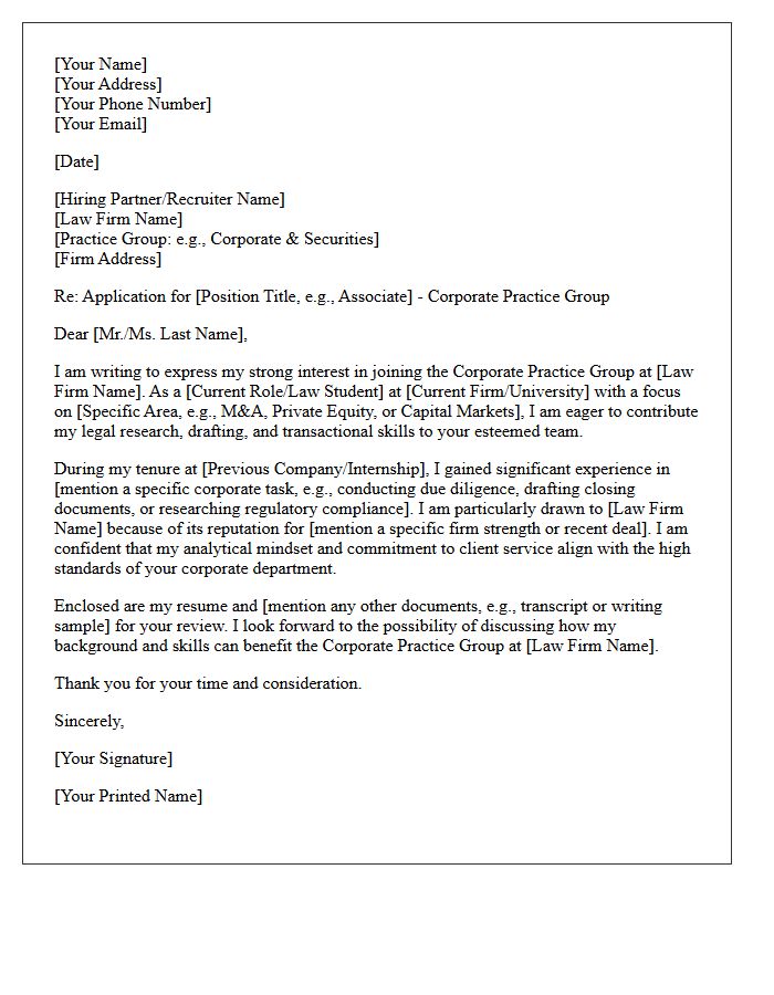Corporate Practice Group Application Cover Letter