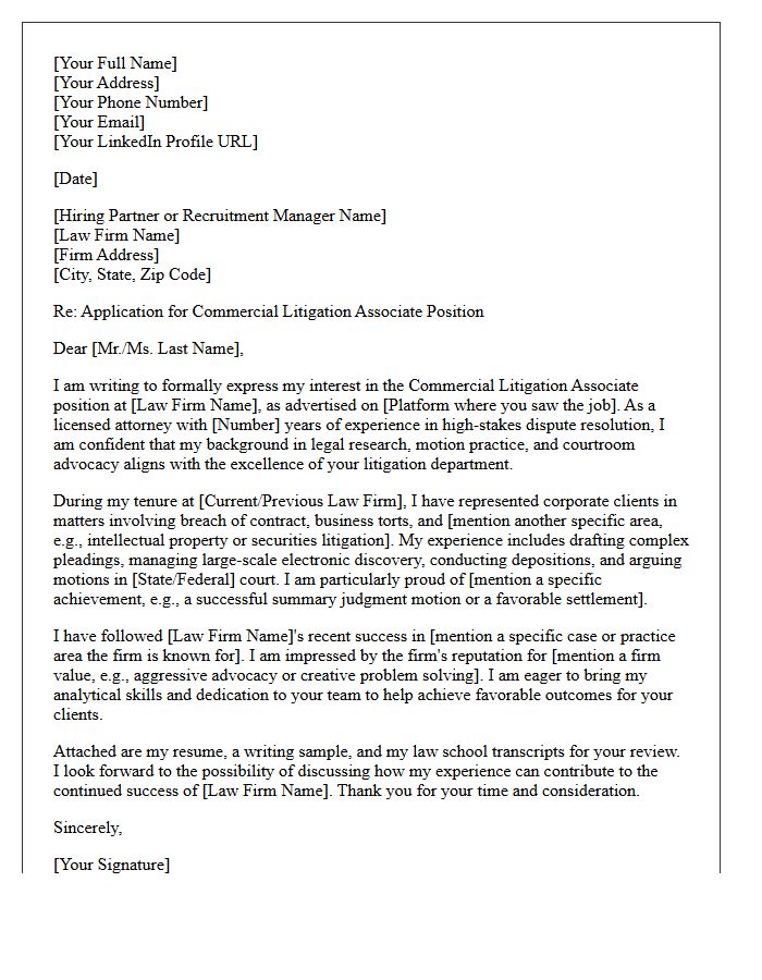 Commercial Litigation Associate Application Cover Letter