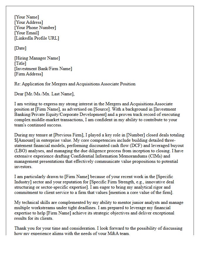 Mergers and Acquisitions Associate Application Cover Letter