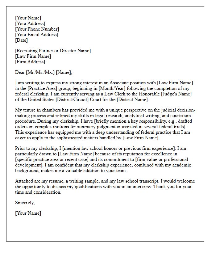Post-Federal Judicial Clerkship Law Firm Cover Letter