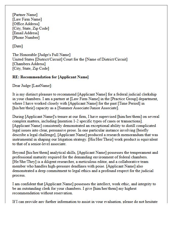 Federal Judicial Clerkship Recommendation Letter from Law Firm Partner