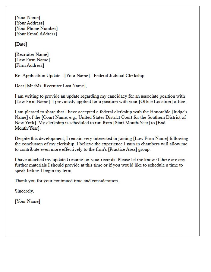 Federal Judicial Clerkship Update Letter for Law Firm Recruiters