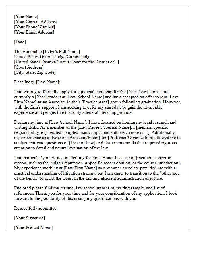 Pre-Law Firm Federal Judicial Clerkship Cover Letter