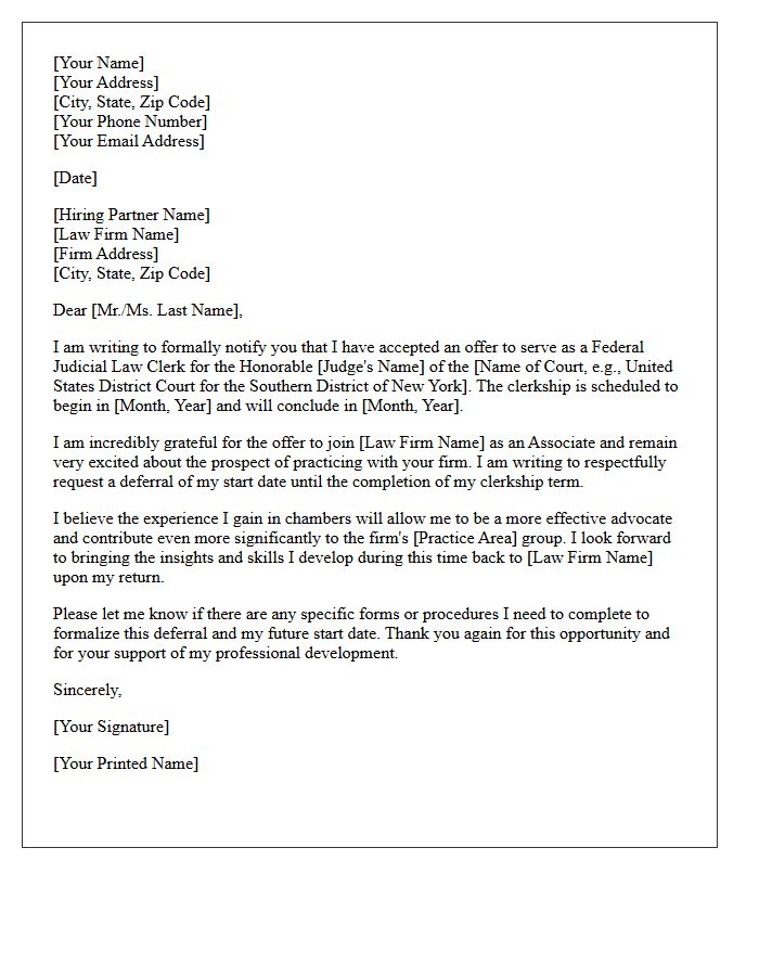 Federal Judicial Clerkship Acceptance Letter to Law Firm Employer