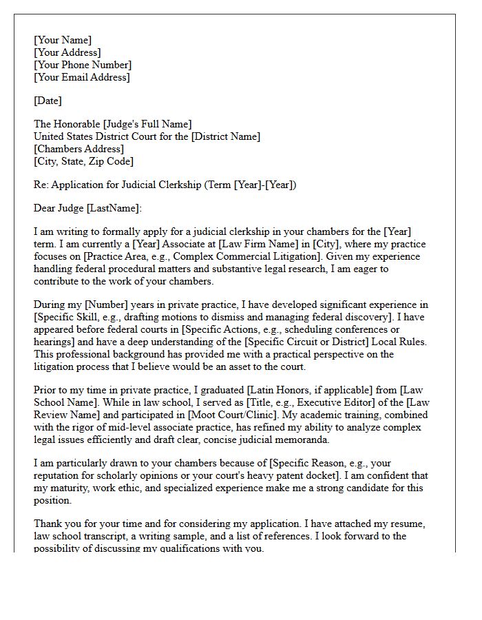 Mid-Level Associate Federal Judicial Clerkship Cover Letter