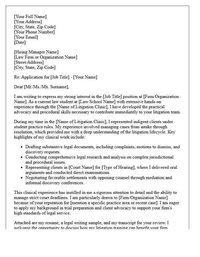 Litigation Clinic Experience Focused Cover Letter