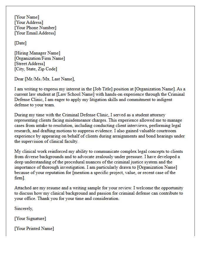 Criminal Defense Clinic Experience Cover Letter