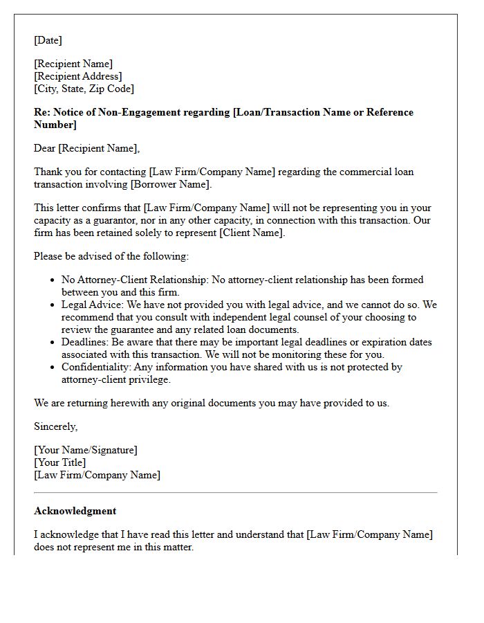 Commercial Loan Guarantor Non-Engagement Letter
