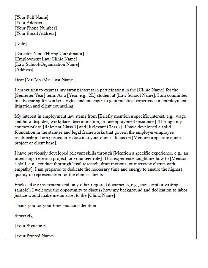 Employment Law Clinic Focused Application Letter