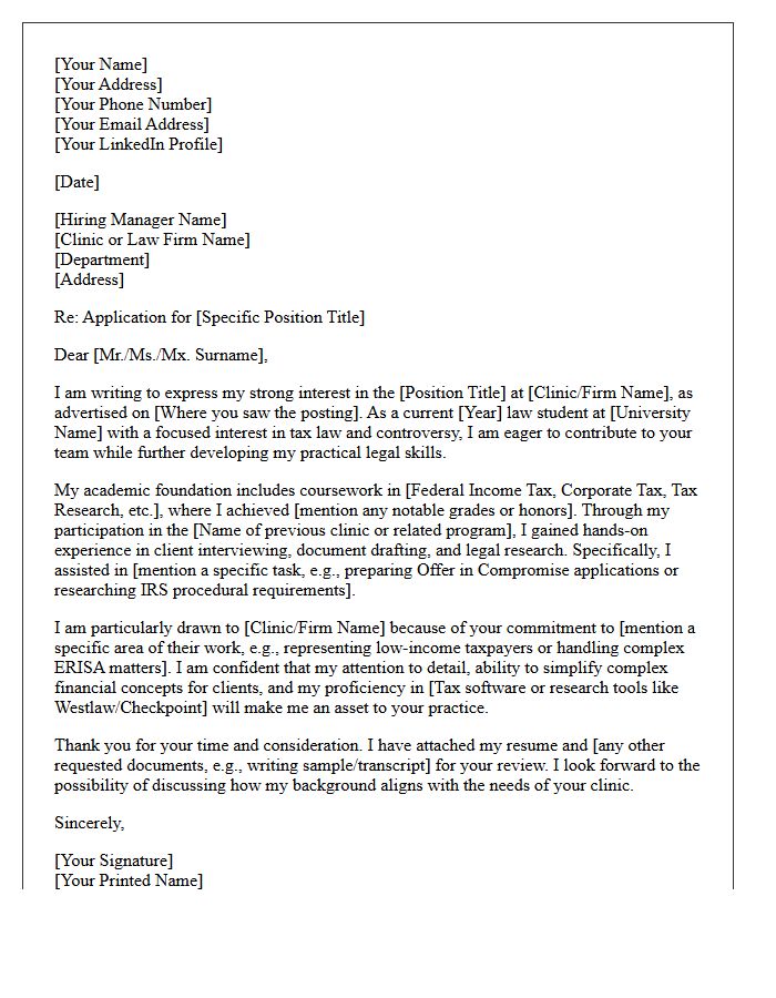 Tax Practice Legal Clinic Experience Cover Letter