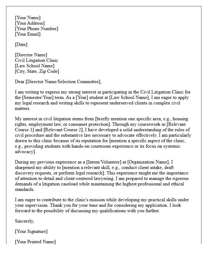 Civil Litigation Clinic Focused Cover Letter