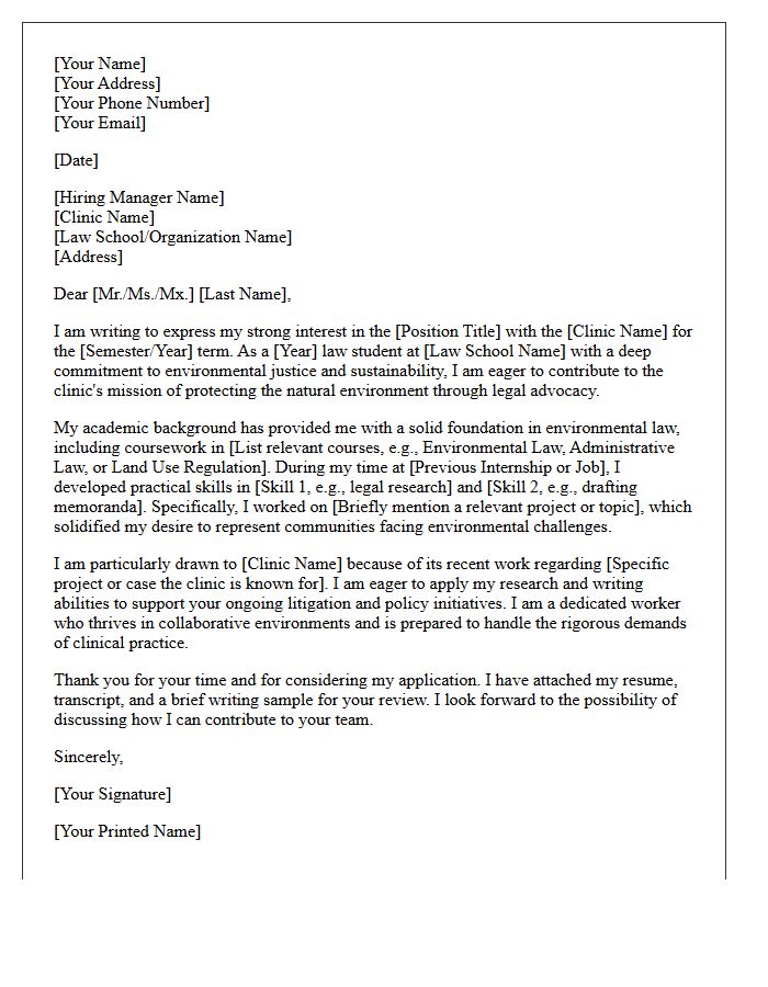 Environmental Law Clinic Experience Cover Letter
