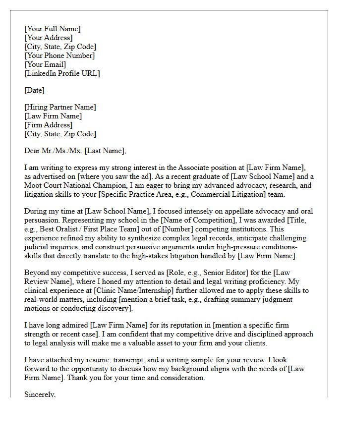 Cover Letter for Law Firm Associate Position by Moot Court Champion Graduate