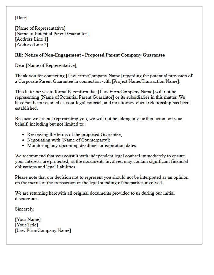 Corporate Parent Guarantor Non-Engagement Letter