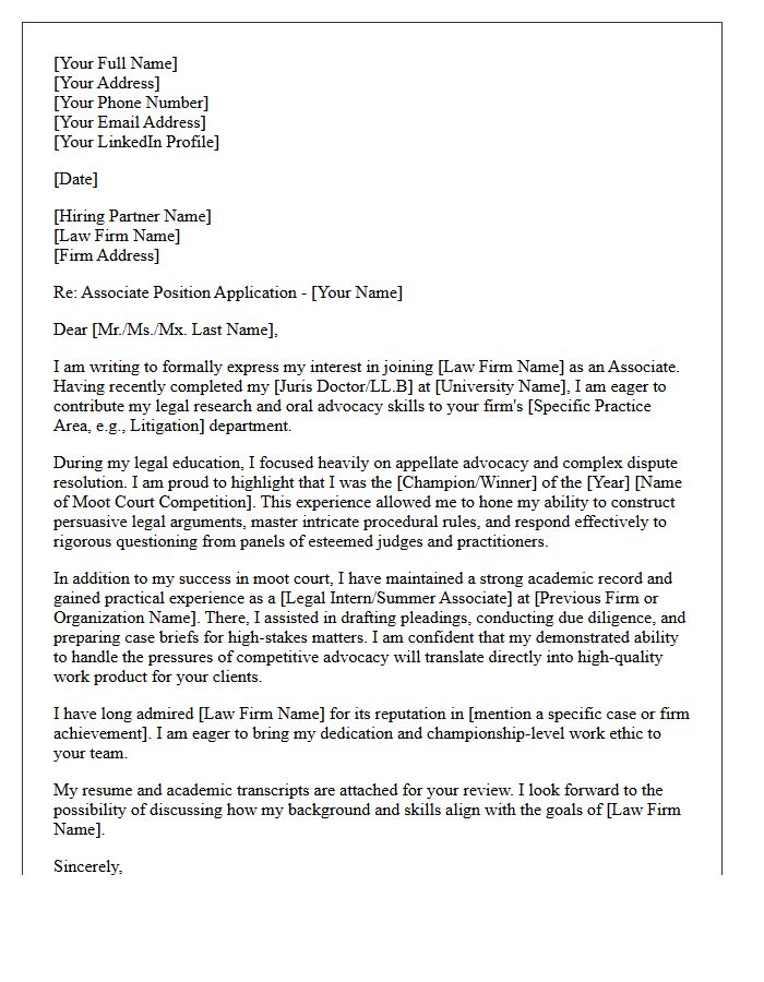 Moot Court Champion Graduate Application Letter for Law Firm Associate