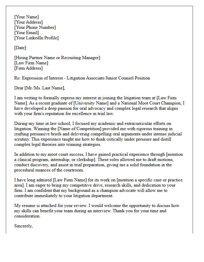 Letter of Interest for Law Firm Litigation Role by Moot Court Champion Graduate