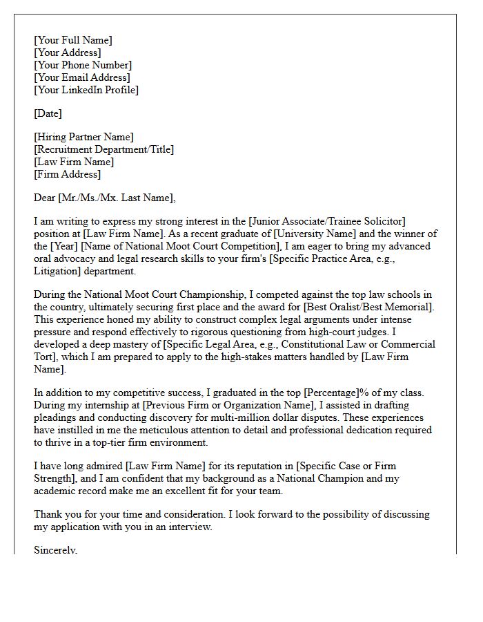 National Moot Court Champion Graduate Cover Letter for Top Law Firm
