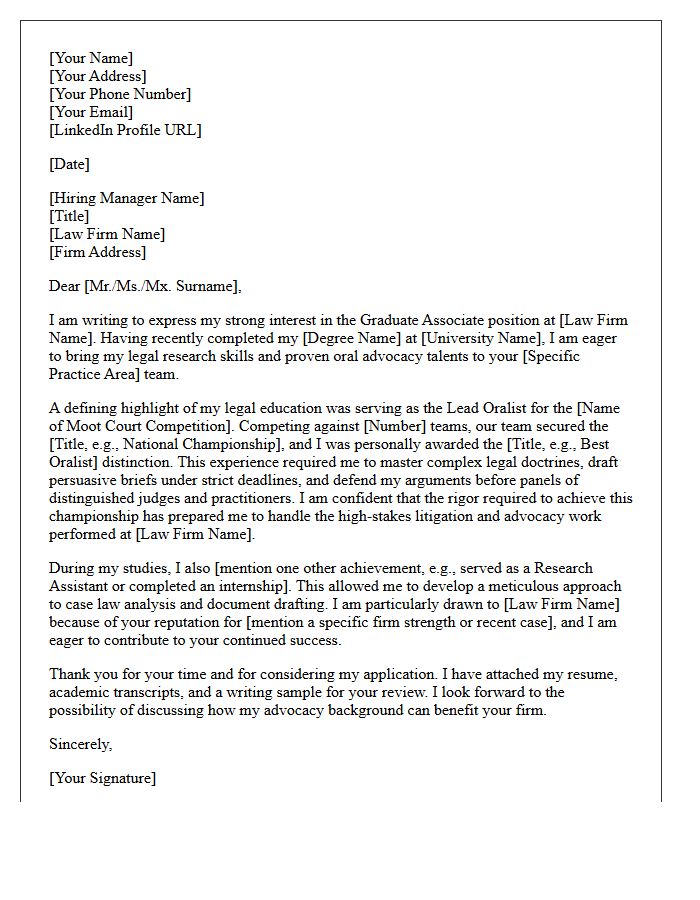 Graduate Cover Letter Highlighting Moot Court Champion Status for Law Firm