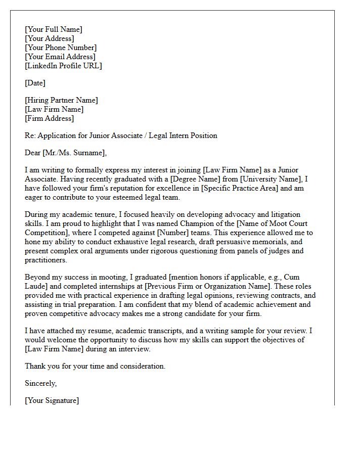 Application Letter for Law Firm Practice by Recent Graduate and Moot Court Champion