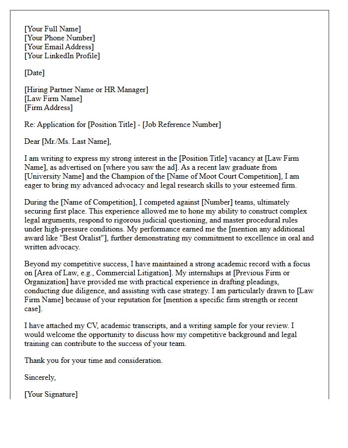 Moot Court Champion Graduate Submission Letter for Law Firm Vacancy