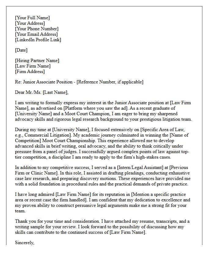 Cover Letter for Junior Associate Law Firm Role by Moot Court Champion Graduate