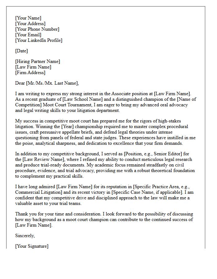 Litigation Law Firm Cover Letter by Distinguished Moot Court Champion Graduate
