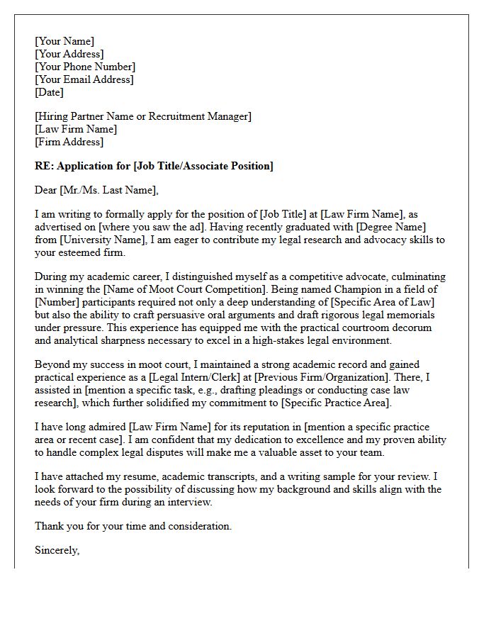 Formal Application Letter to Law Firm by Moot Court Champion Graduate