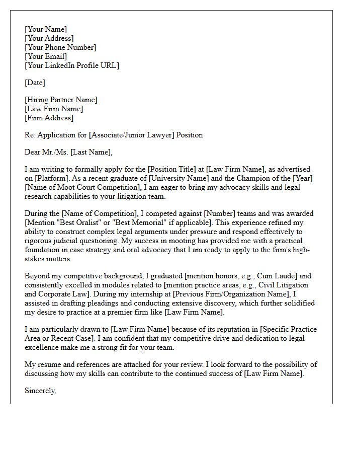 Letter of Application for Law Firm Employment by Moot Court Champion Graduate