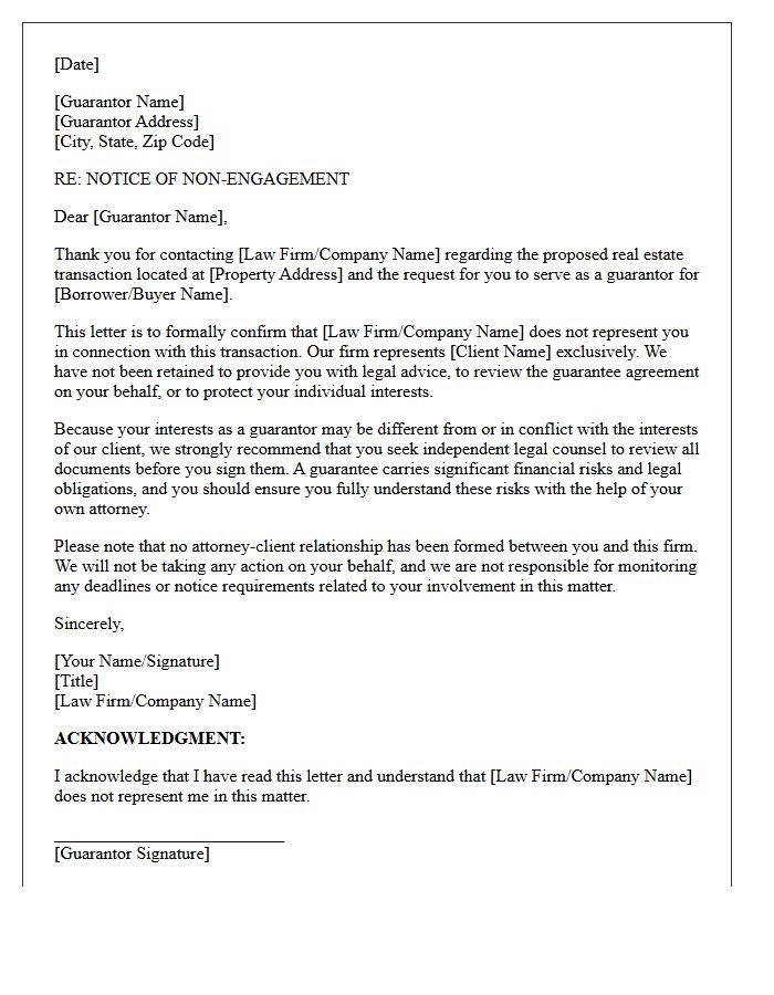 Real Estate Transaction Guarantor Non-Engagement Letter
