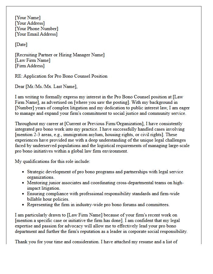 Big Law Pro Bono Counsel Application Letter