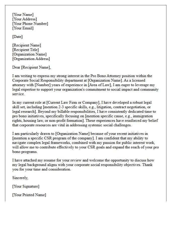 Corporate Social Responsibility Pro Bono Attorney Cover Letter