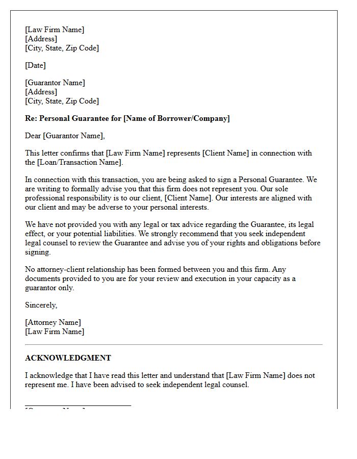 Unrepresented Personal Guarantor Non-Engagement Letter