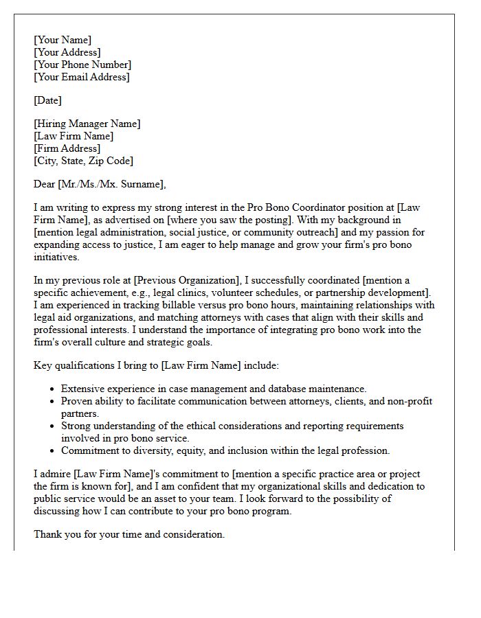 Law Firm Pro Bono Coordinator Cover Letter